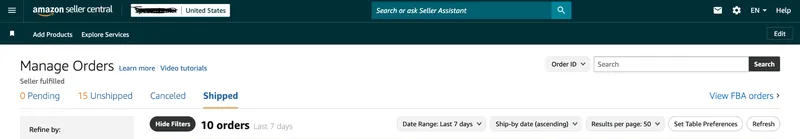 The Amazon Seller Central Manage Orders screen showing shipped orders.