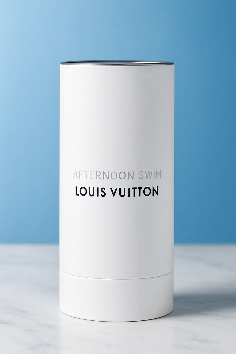 A cylindrical fragrance package photographed on a marble surface against a blue background.
