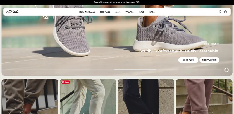 A footwear storefront homepage with a hero product image and a category grid below.