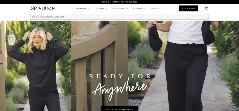 An apparel storefront homepage with a split hero image and a script headline over lifestyle photography.