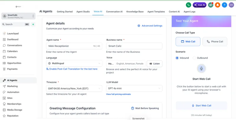 The GoHighLevel AI agent configuration screen showing agent details and greeting setup.